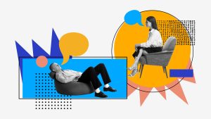 Modern collage showing a therapist and a client separated by bold shapes, symbolizing overcoming objections to counseling